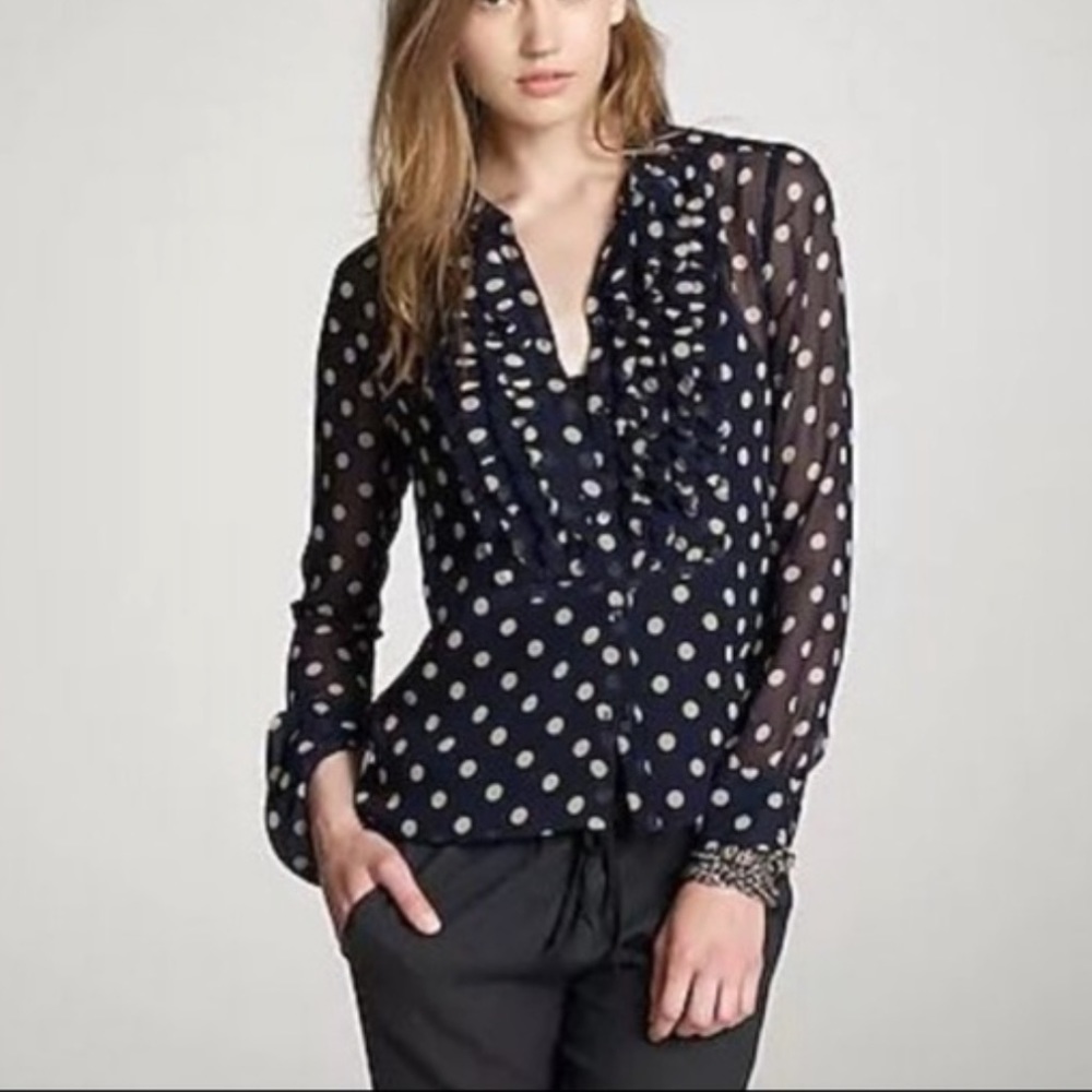 J. Crew Navy Blue Sheer Polka Dot Ruffle Blouse